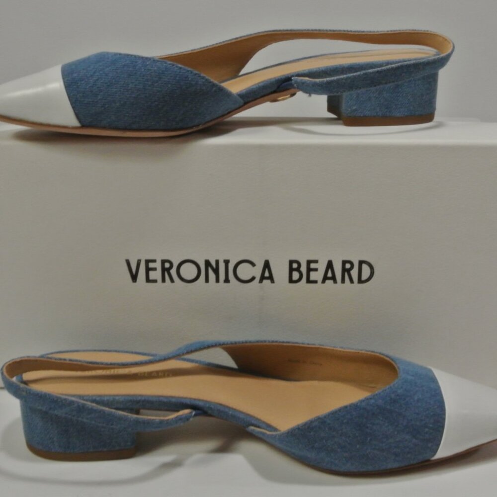 VERONICA BEARD Cecile leather-trimmed denim slingback flats Sandals 7 NIB 350 - Picture 12 of 15
